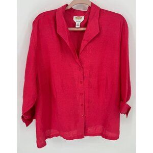 Talbots Womens Button-Up Fuchsia Pink Irish Linen Blouse